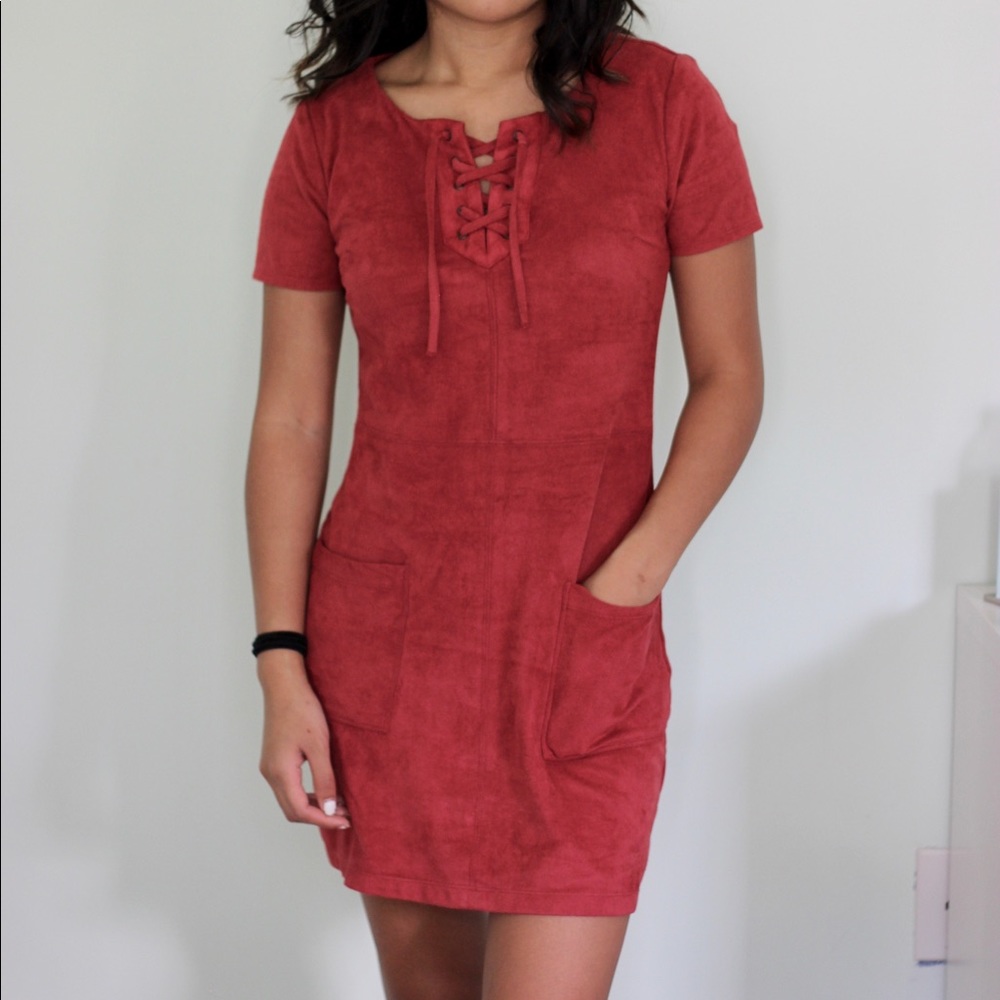 Suede Red Orange Lace Up Dress